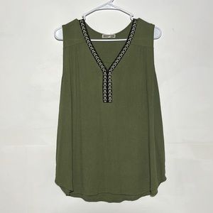Pleione Green Embroidered V-neck Sleeveless Tank Top Size Large
